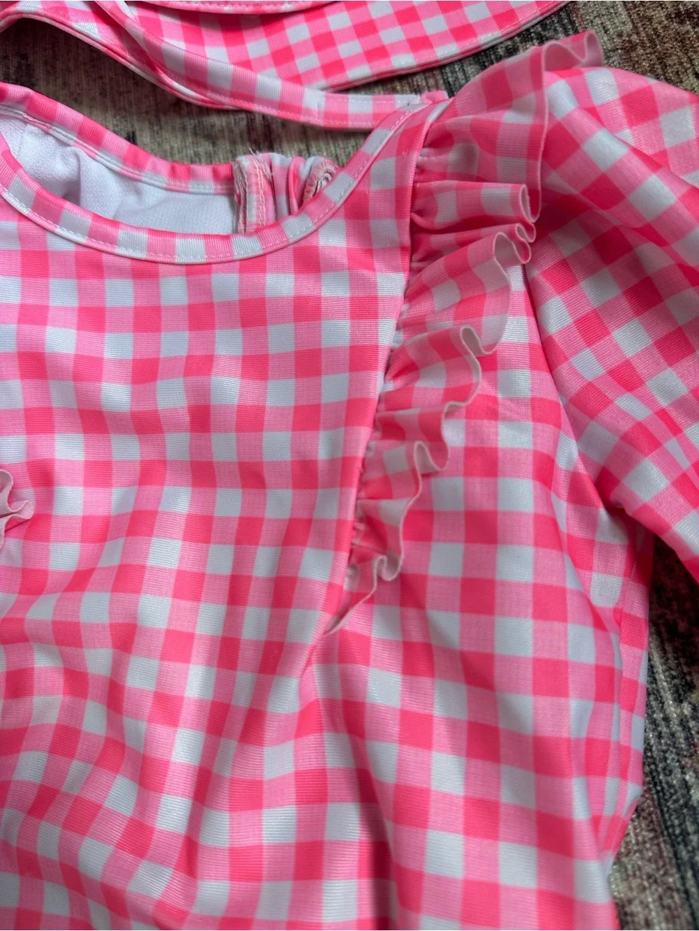 GAP Hot Pink Gingham Long-Sleeve Rashguard with Matching Sun Hat - 12-18M